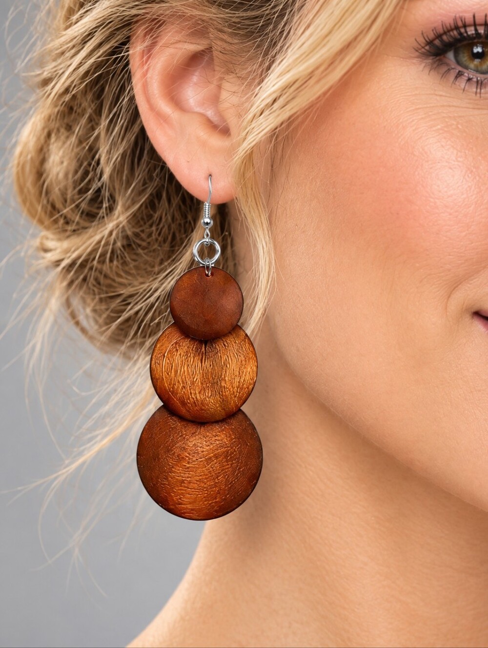 Wooden Circles 3 Tier Dangle Earrings